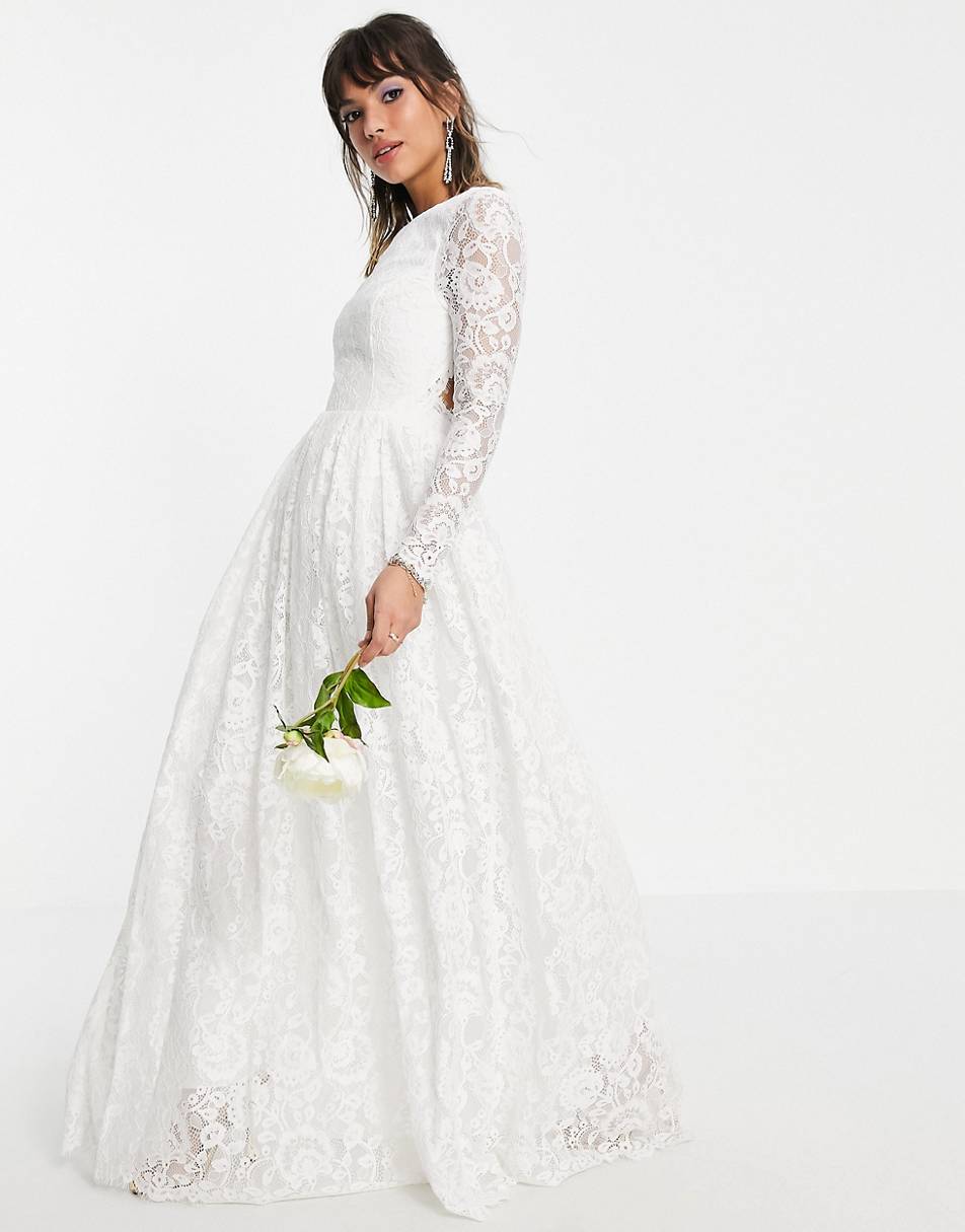 ASOS DESIGN Curve Florence plunge long sleeve wedding dress with