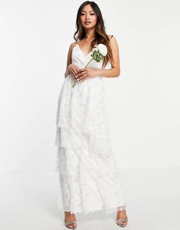 Vila Bridal cami smock dress with tiered skirt in light floral Ivory