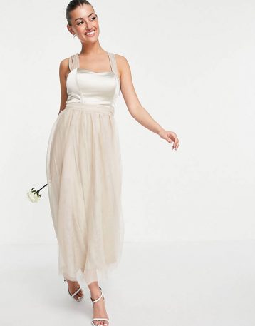 Vila Bridal dress with satin bodice and tuelle skirt in neutral