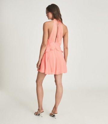 Reiss Belle Chiffon Ruffle Mini Dress Pink Orange