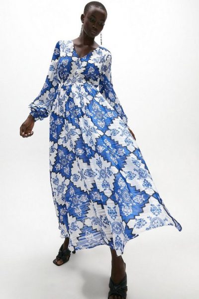 Coast Long Sleeve Shirred Waist Maxi Dress Blue White Dresses