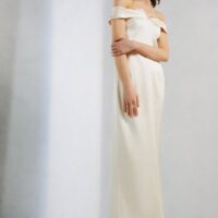 Italian Structured Satin Ruffle Bardot Maxi Dress