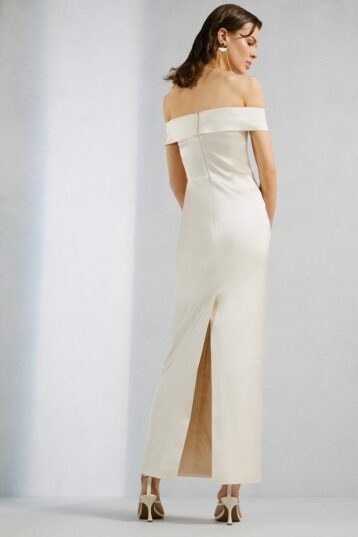 Karen Millen Italian Structured Satin Bardot Maxi Dress, Cream - Image 2