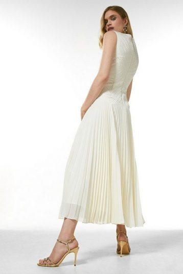 Karen Millen Quilt Satin And Pleat Deep V Midi Dress Ivory