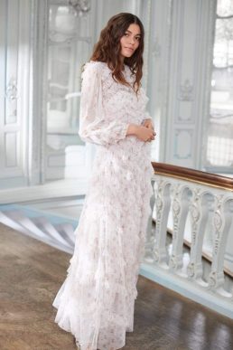 Needle & Thread Bijou Rose Long Sleeve Gown Ivory Multi Blush