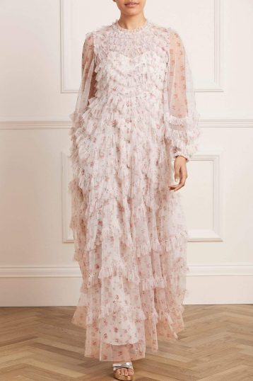 Needle & Thread Bijou Rose Long Sleeve Gown Ivory Multi Blush