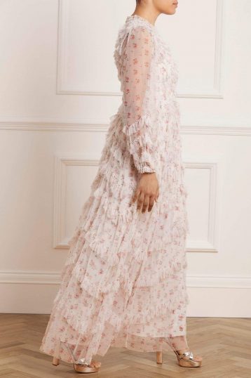 Needle & Thread Bijou Rose Long Sleeve Gown Ivory Multi Blush