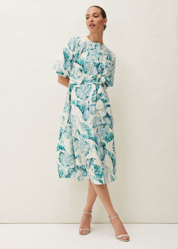 Phase Eight Palms Print Dress Aqua Blue Ivory