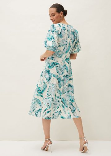 Phase Eight Palms Print Dress, Aqua Blue/Ivory - Image 2