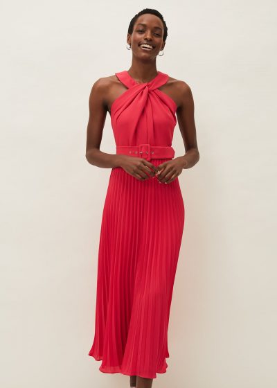 Phase Eight Yas Twist Neck Midi Dress, Watermelon Pink/Light Red