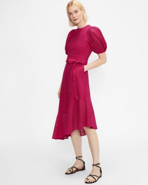 BELLLAA Puff Sleeve Midi Broderie Dress