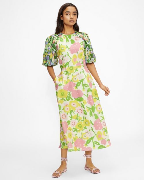 JAZLIYN Puff Sleeve Midi Dress