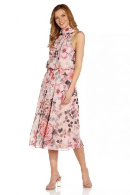 Adrianna Papell Floral Printed Bias Midi Dress Light Pink Blush Multi