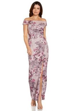 Adrianna Papell Matelasse Bardot Column Gown Purple Multi Dresses