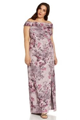 Adrianna Papell Plus Matelasse Bardot Column Gown Purple Multi