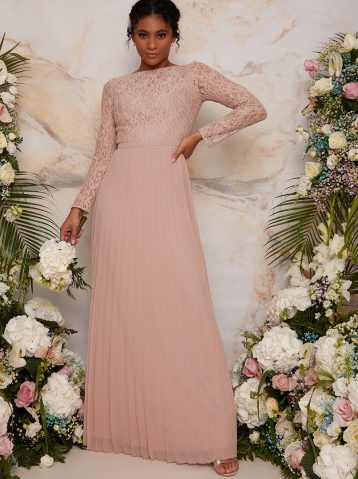 Chi Chi Long Sleeved Lace Pleated Maxi Bridesmaid Dress Champagne Pink Blush