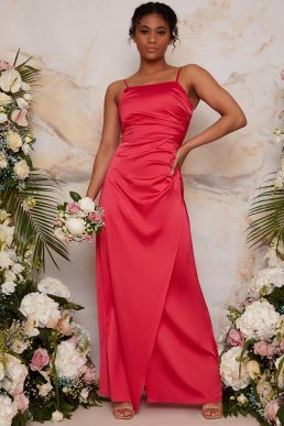 Chi Chi Ruched Satin Bridesmaid Maxi Dress Fuschia Pink