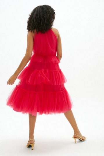 Coast High Neck Tulle Tiered Midi Dress Hot Pink