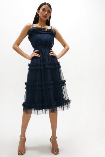 Coast Tiered Ruffle Skirt Midi Dress Navy