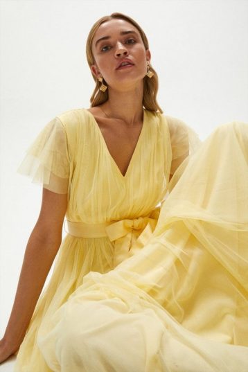 Coast Tulle V-Neck Tie Belt Maxi Dress Yellow