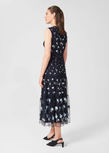 Hobbs Bethany Embroidered Floral Dress Navy Blue White