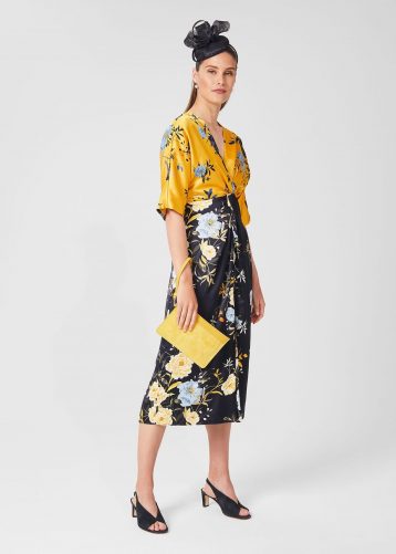 Hobbs Farrah Satin Floral Midi Dress Navy Yellow Multi