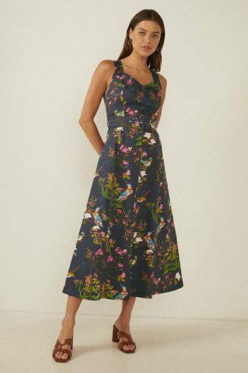 Oasis Rhs Bird Print Midi Dress Navy Multi