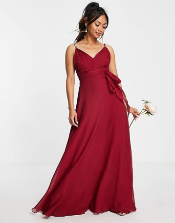 ASOS DESIGN Bridesmaid cami maxi dress with ruched bodice berry red