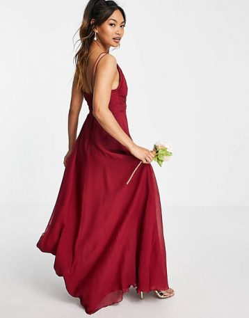 ASOS DESIGN Bridesmaid cami maxi dress with ruched bodice berry red