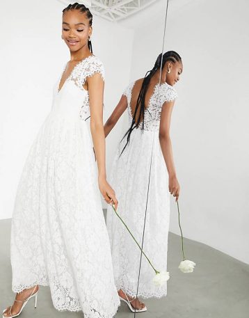 ASOS EDITION Alexandra cap sleeve v neck lace wedding dress Ivory