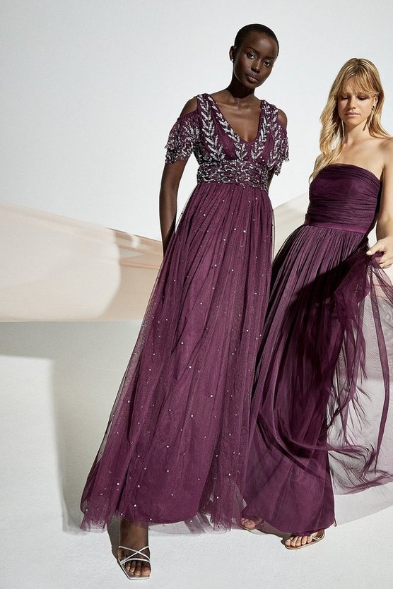 Purple cold hot sale shoulder maxi dress