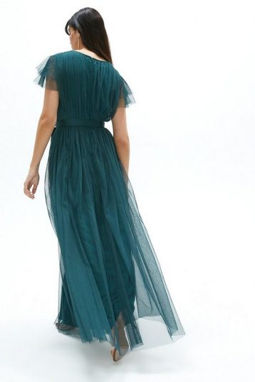 Coast Tulle V-Neck Tie Belt Maxi Dress, Forest Green