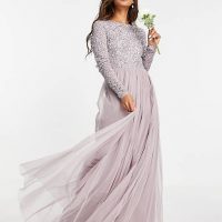 Maya bridesmaid long sleeve maxi tulle dress 2024 with tonal delicate sequins in taupe blush