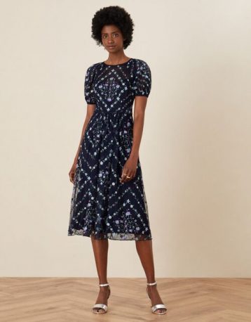 Monsoon Hele Floral Embroidered Midi Dress Navy Blue Multi