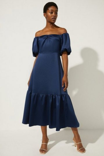 Oasis Bardot Ruched Front Midi Dress Navy Blue