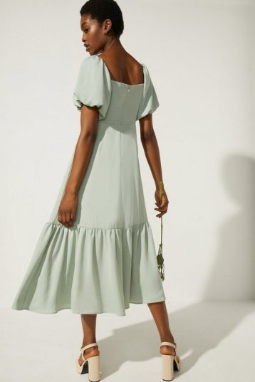 Oasis Bardot Ruched Front Midi Dress Pale Green Sage