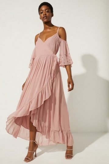 Oasis Embellished Cold Shoulder Wrap Midi Dress Blush Pink