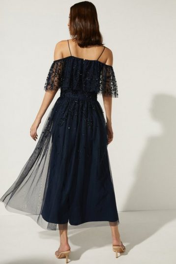 Oasis Embellished Mesh Bardot Midi Dress Navy Blue