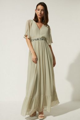 Oasis Plunge V Neck Embellished Waist Maxi Dress Sage Green