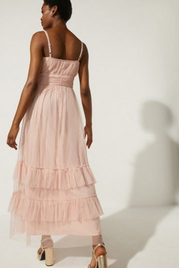 Oasis Strappy Mesh Tiered Maxi Dress Nude Blush Pink