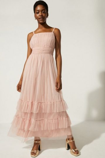 Oasis Strappy Mesh Tiered Maxi Dress, Nude/Blush Pink - Dresses