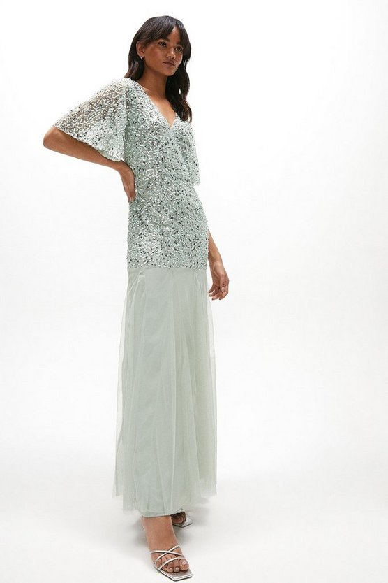 Sequin Angel Sleeve Maxi Dress