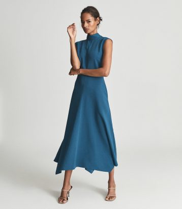 Reiss Livvy Open Back Midi Dress Teal Blue