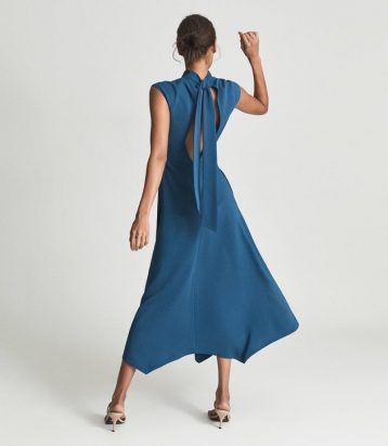 Reiss Livvy Open Back Midi Dress Teal Blue