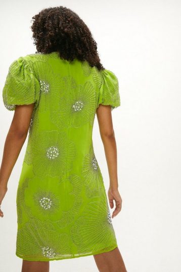 Coast Embellished Lily Puff Sleeve Dress Lime Green