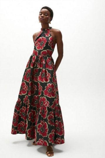 Coast Jacquard Halter Neck Maxi Dress Black Red Gold