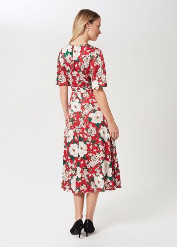 Hobbs Bella Floral Print Satin Midi Dress Red Ivory Multi