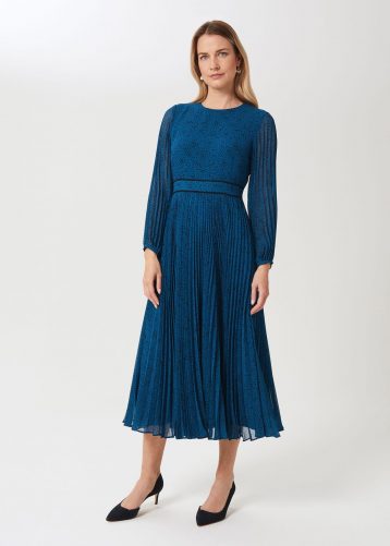 Hobbs Isabella Spot Pleated Midi Dress Kingfisher Blue