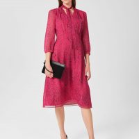 Hobbs Maxine Neck Tie Print Midi Dress Pink Multi