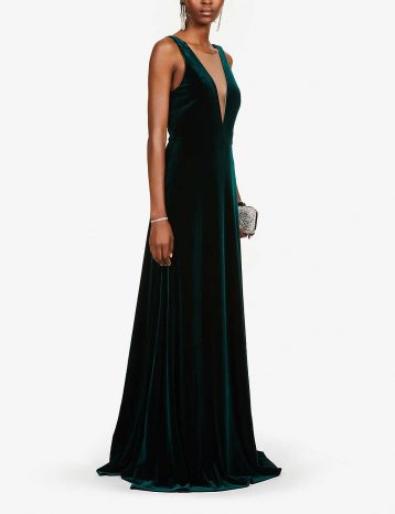 Jenny Yoo Logan Plunging Illusion V Neck Velvet Gown Dress, Emerald Green